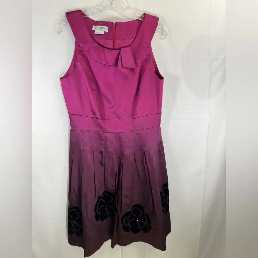 Kay Unger Silk Ombre Cocktail Dress Size 12 Purple Pink Fit & Flare Floral Hem - Picture 3 of 12